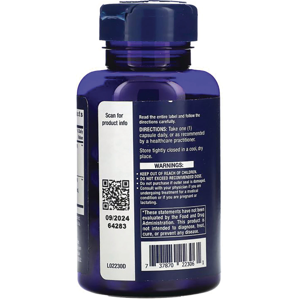 LE557 | Back of dark blue supplement bottle showing directions, warnings, QR code and barcode - Thumbnail