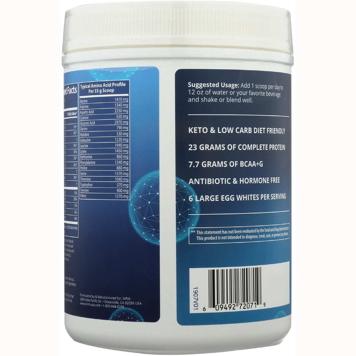 MRM015 | Back label of white supplement tub showing nutrition facts, suggested usage, product claims and barcode