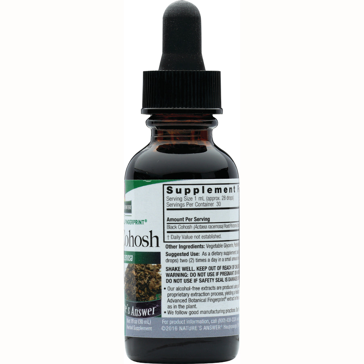 NAT010 | back of brown glass dropper bottle showing supplement facts panel, ingredients, and usage directions