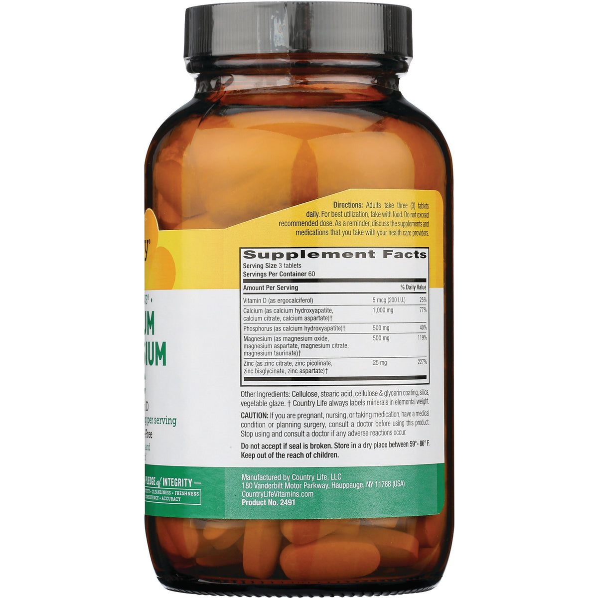CRL020 | back label of amber supplement bottle showing Supplement Facts, directions, and ingredients