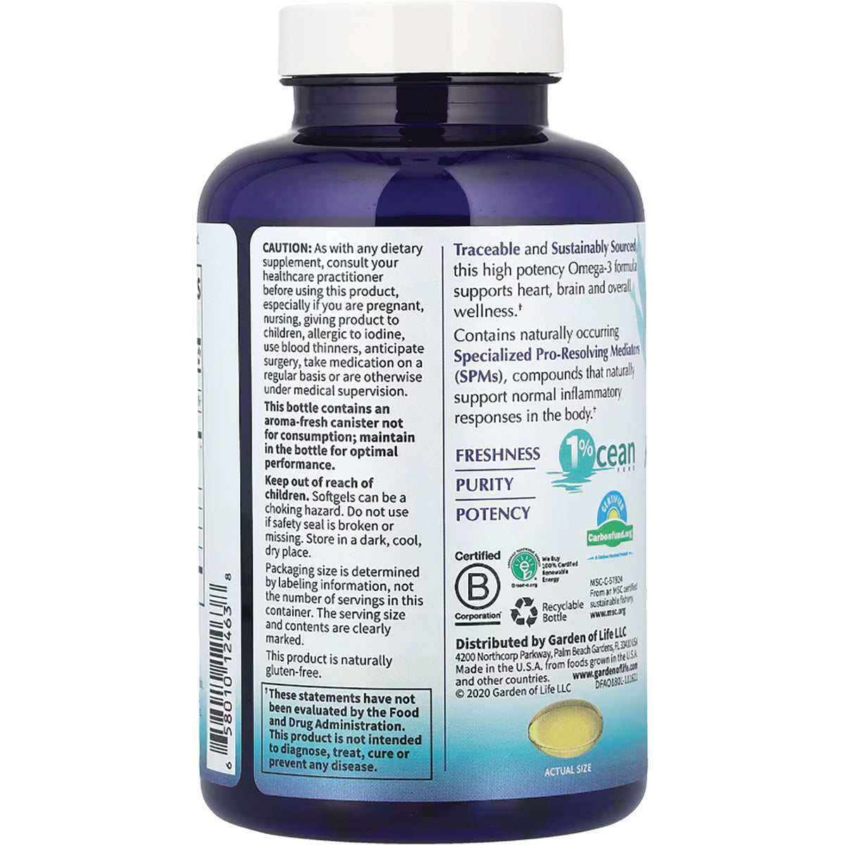 GLF322 | Back label of blue supplement bottle showing caution text, certifications, and barcode