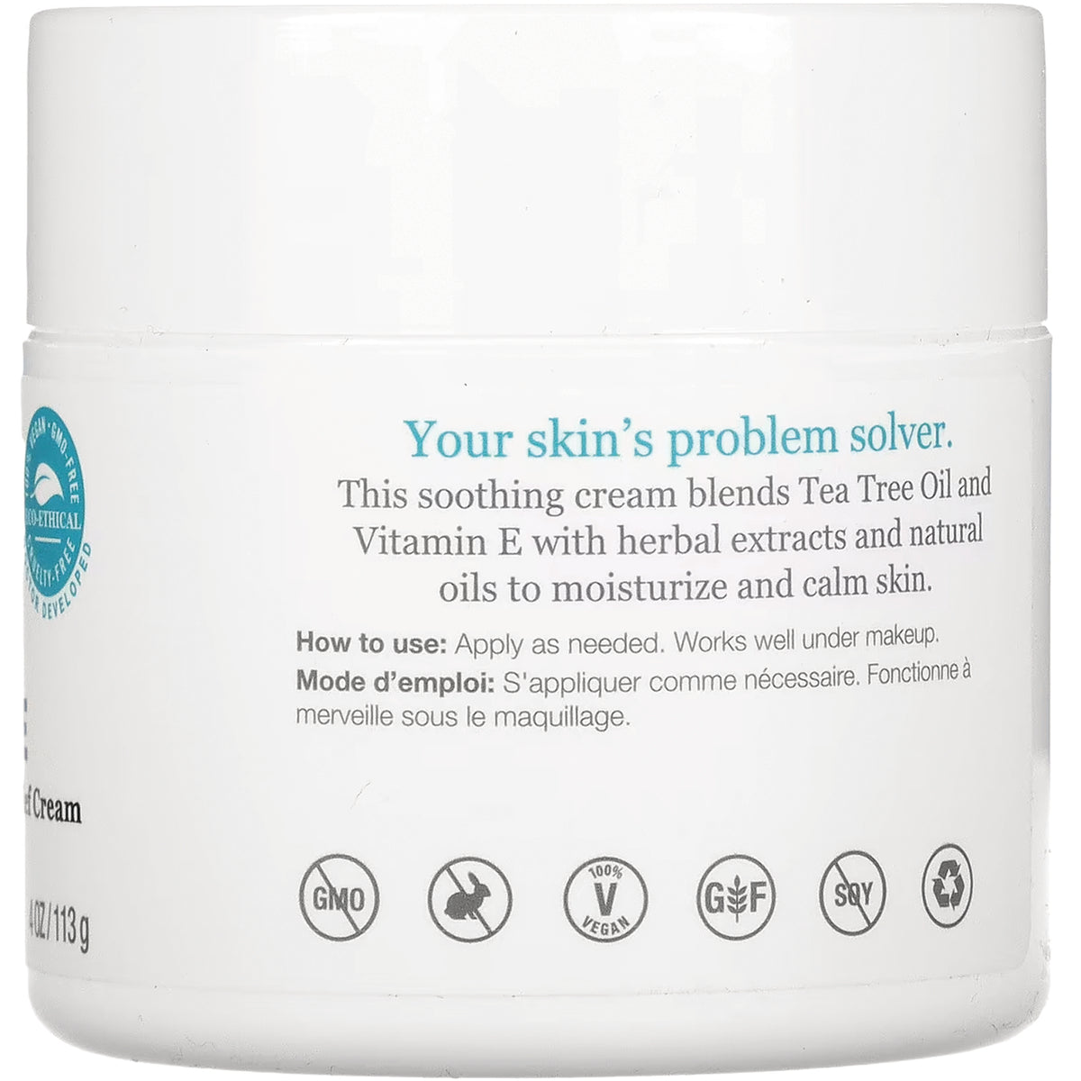 DE017 | Back label of white cream jar reading Your skin's problem solver and usage instructions with icons for GMO free, cruelty free, vegan, gluten free