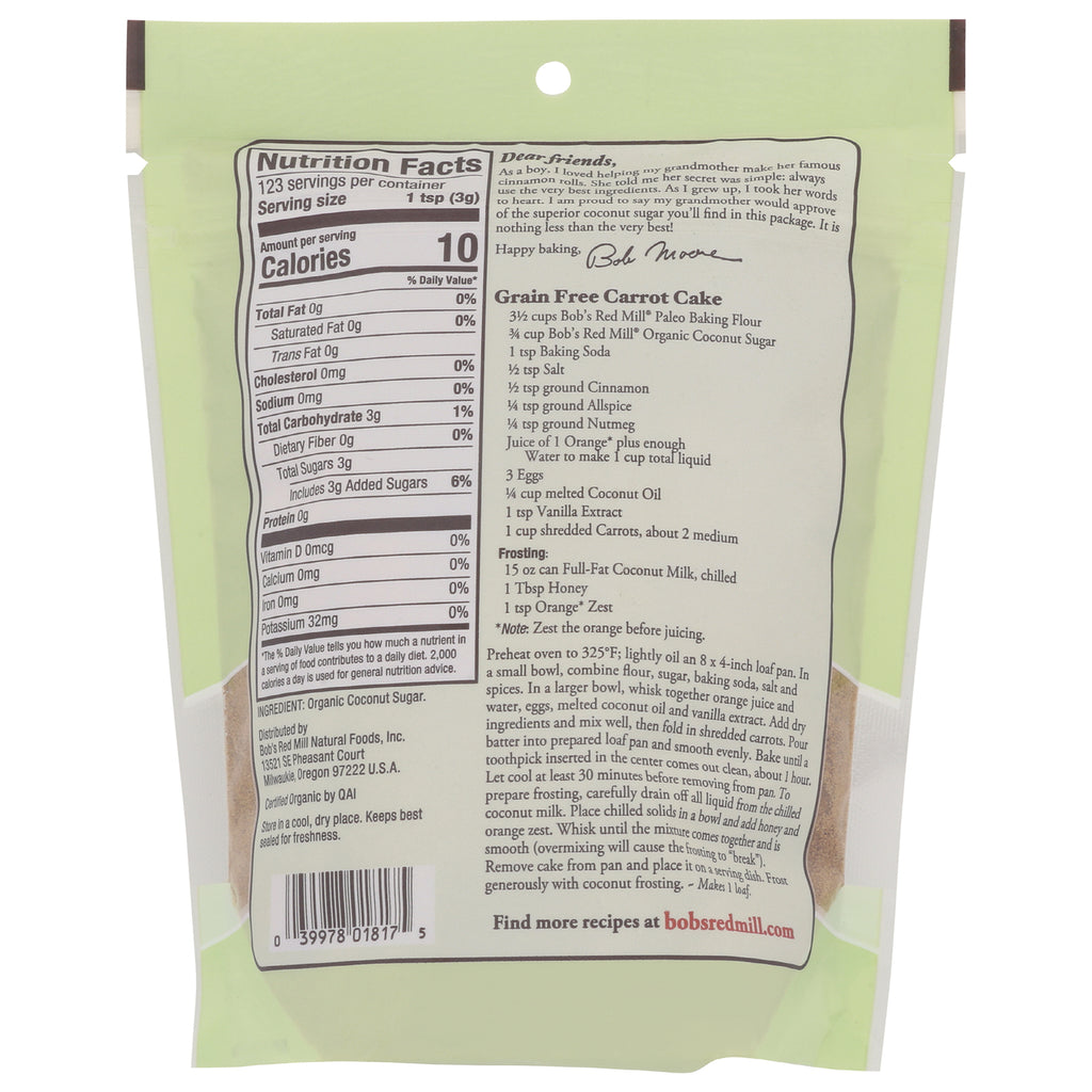 BOB280 | Back of green pouch showing Nutrition Facts panel and Grain Free Carrot Cake recipe - Thumbnail
