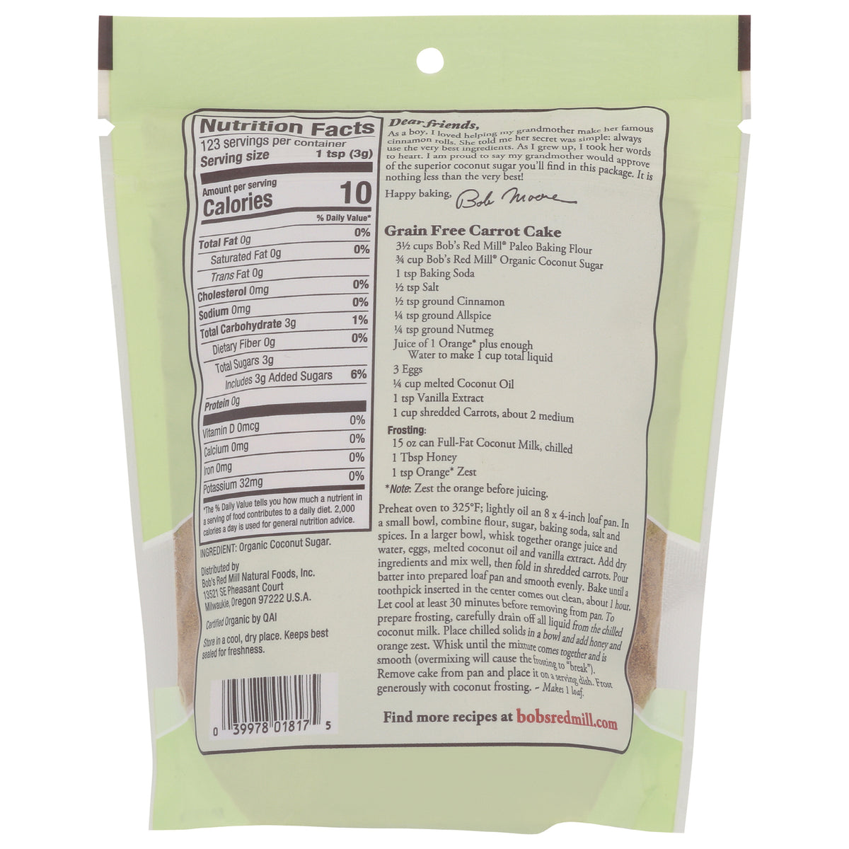 BOB280 | Back of green pouch showing Nutrition Facts panel and Grain Free Carrot Cake recipe
