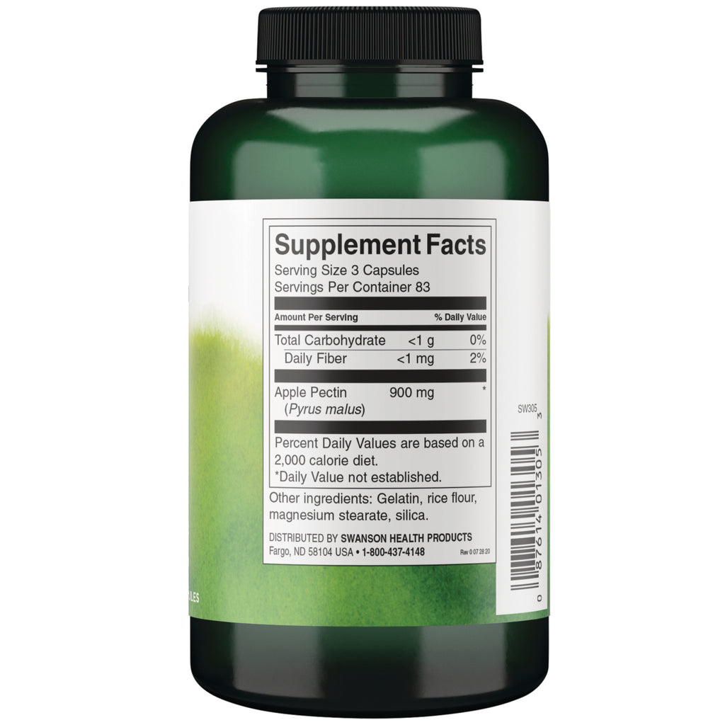 SW305 | Back label with Supplement Facts for Apple Pectin 900 mg, serving size 3 capsules - Thumbnail