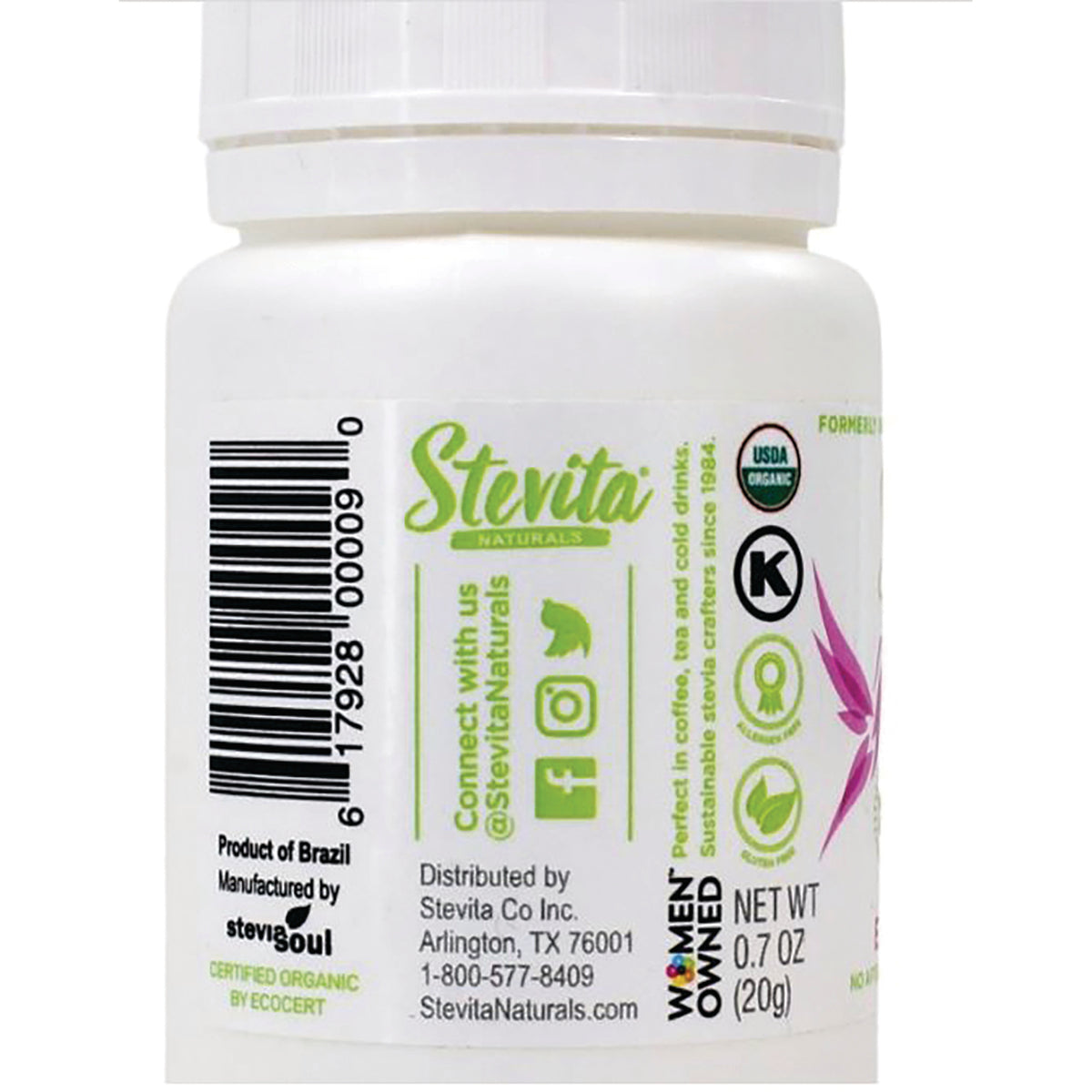 STV016 | Back label of Stevita Naturals stevia sweetener with barcode, USDA Organic and Women Owned badges, NET WT 0.7 OZ (20g)