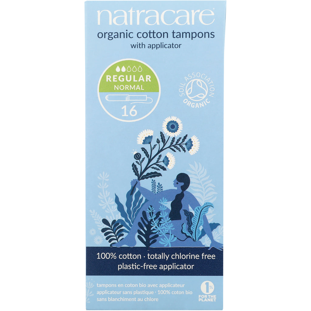 NCR004 | Natracare organic cotton tampons regular with applicator 16-count blue box with floral illustration - Thumbnail