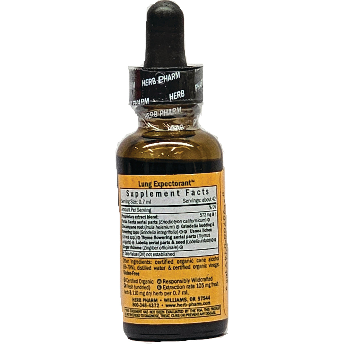 HPH155 | back of amber dropper bottle showing Supplement Facts label for Lung Expectorant