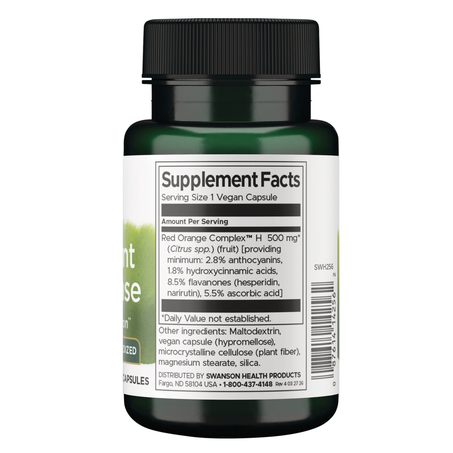 SWH256 | Supplement Facts and ingredients panel on back of green supplement bottle