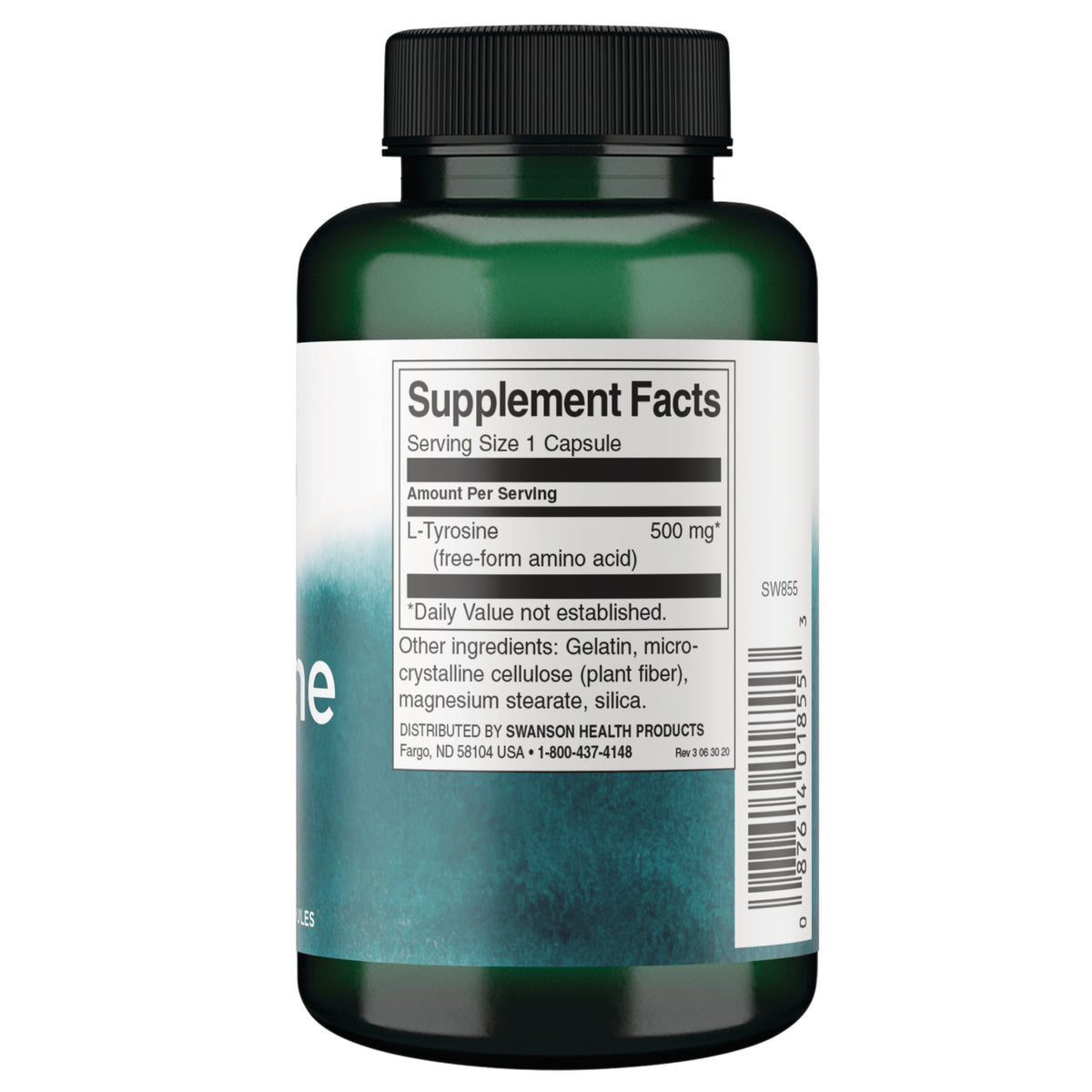 SW855 | Back label with Supplement Facts: LTyrosine 500 mg, serving size 1 capsule