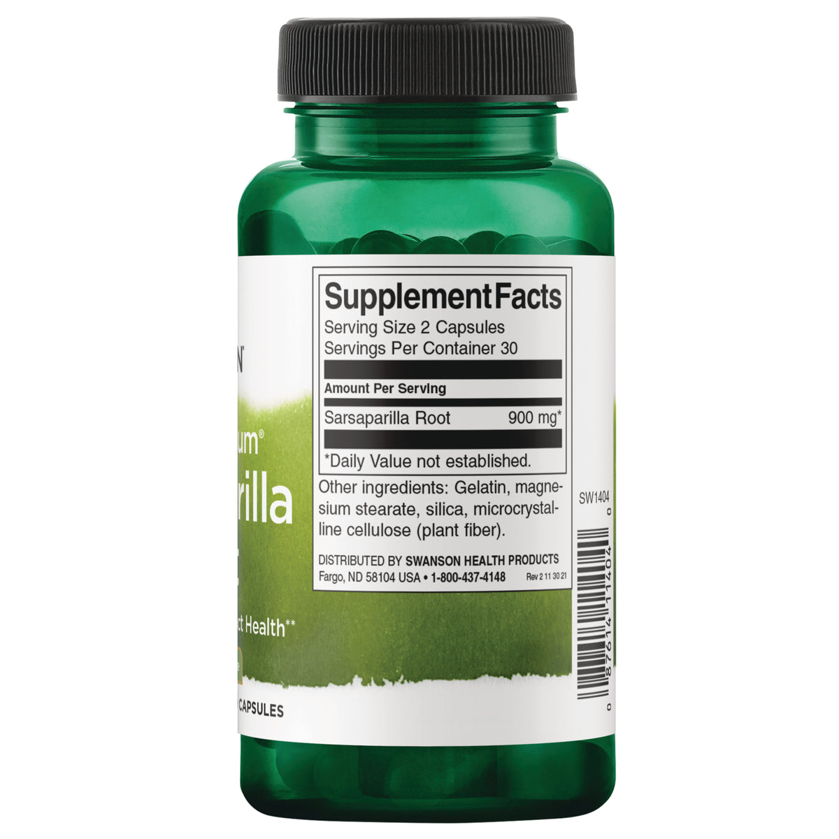 SW1404 | Supplement Facts panel: Serving Size 2 Capsules, 30 servings, Sarsaparilla Root 900 mg