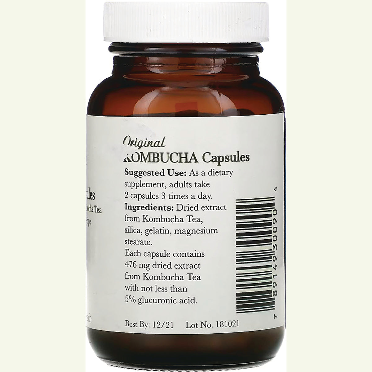 PNA002 | Back label of brown bottle showing Kombucha Capsules ingredients, suggested use, barcode and best by date
