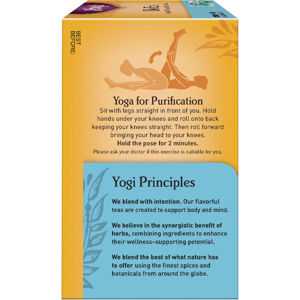 AHW003 | Yogi tea box infographic with Yoga for Purification instructions and Yogi Principles text