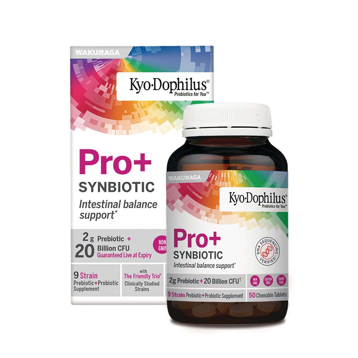 KY151 | Kyo-Dophilus Pro+ Synbiotic bottle and box showing 2g prebiotic 20 billion CFU and 50 chewable tablets