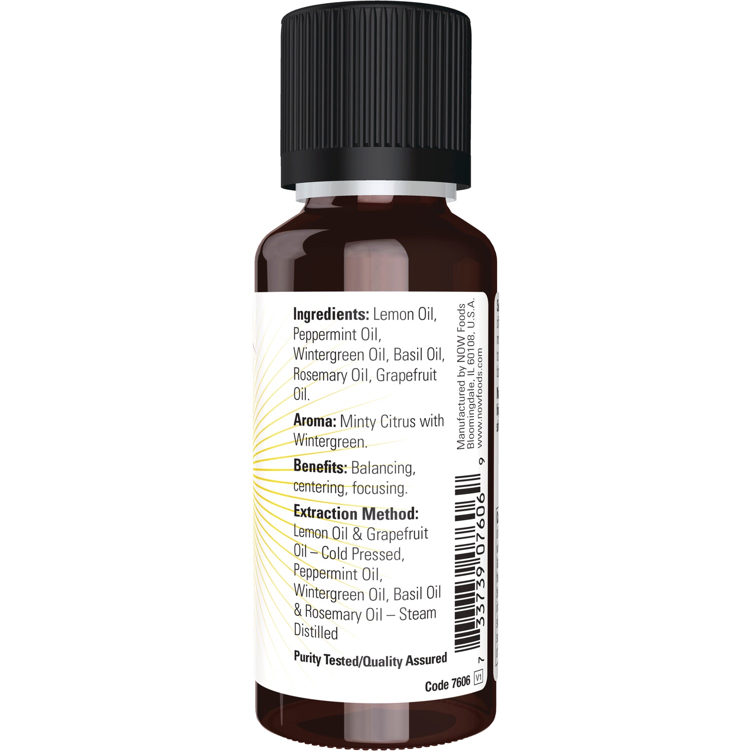 NWF1227 | back label showing ingredients, aroma, benefits and extraction method on amber essential oil bottle