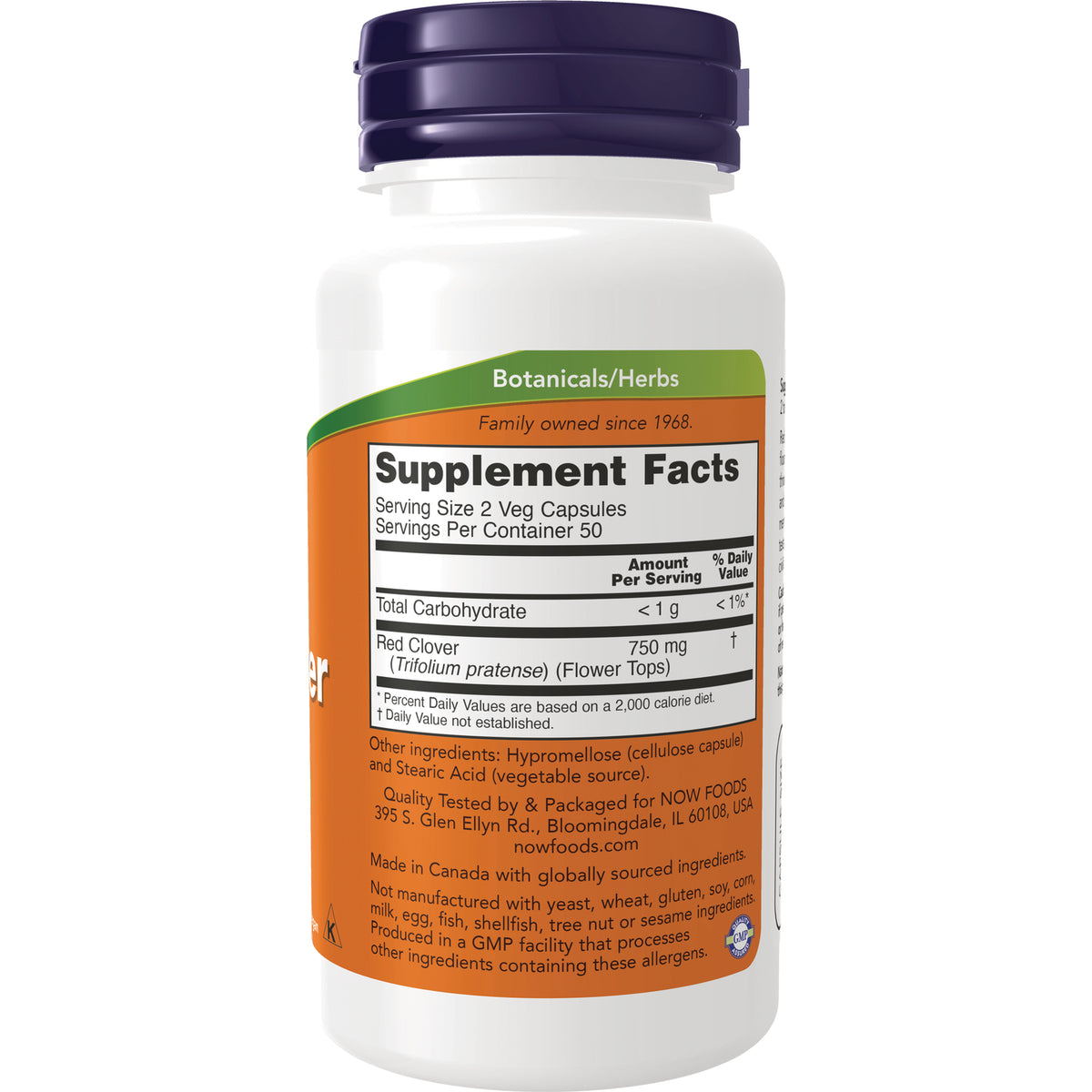 NWF506 | Back label showing Supplement Facts panel for red clover 750 mg, serving size 2 veg capsules