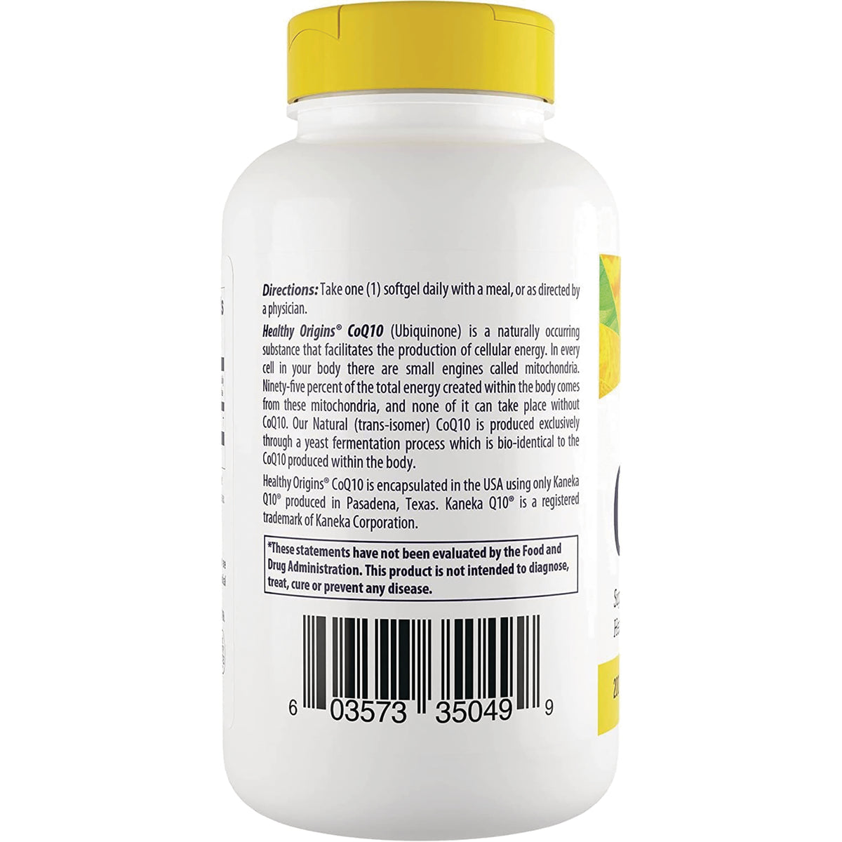 HRG054 | Back of white supplement bottle with yellow cap showing directions text, ingredient panel and barcode
