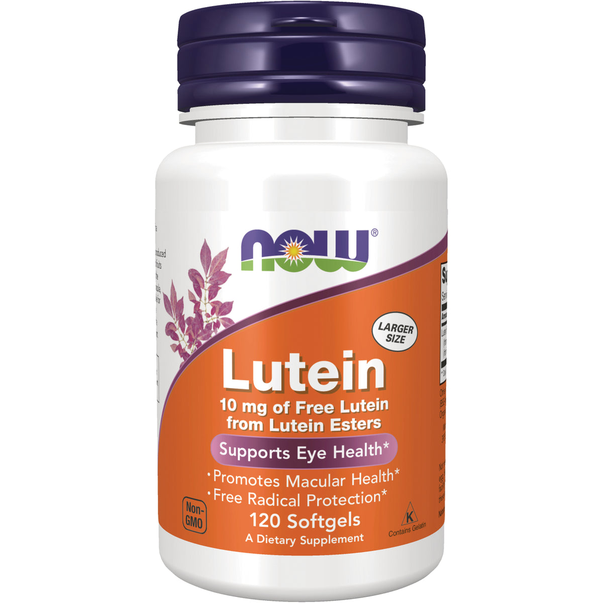 NWF330 | NOW Lutein 10 mg supplement bottle, 120 softgels, orange label supporting eye health