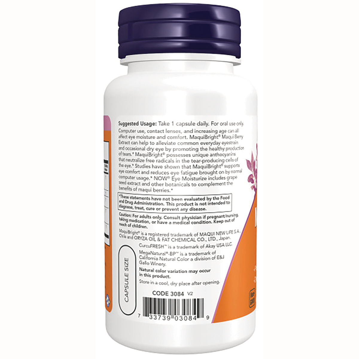 NWF1363 | Back of white supplement bottle showing suggested usage text, barcode, CODE 3084 and capsule size label