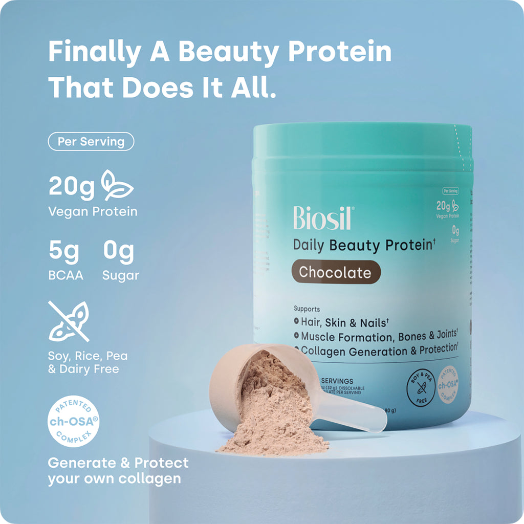 NFC221 | Biosil Daily Beauty Protein chocolate powder container with scoop and product benefits - Thumbnail