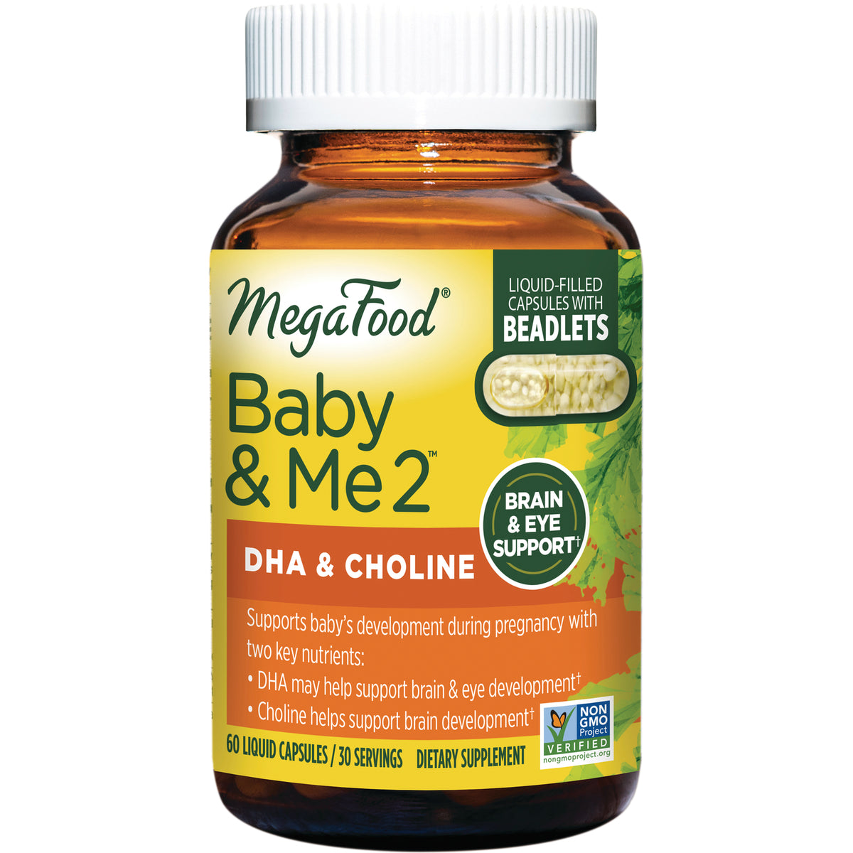 MGF102 | MegaFood Baby & Me 2 DHA & Choline bottle with label showing liquid-filled capsules and white cap