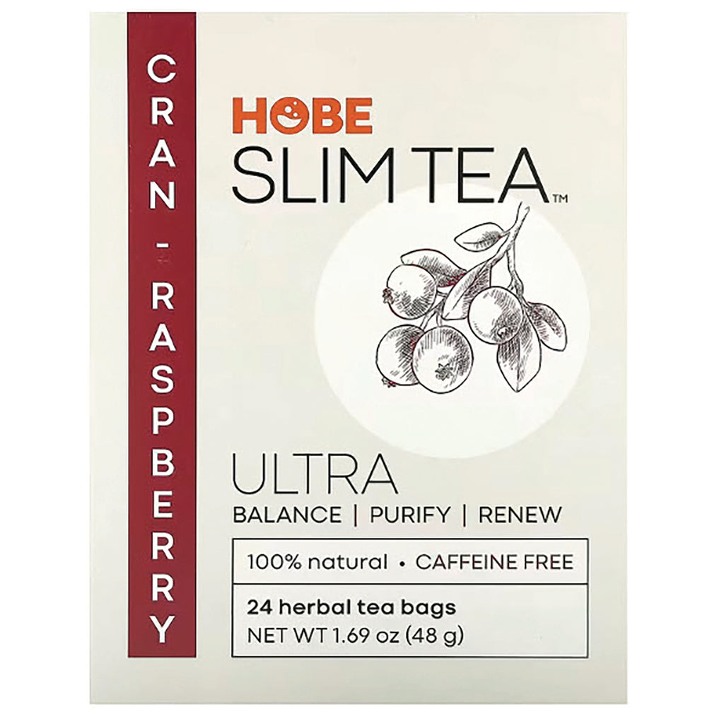HBL009 | Hobe Slim Tea Ultra cranberry raspberry box showing 24 herbal tea bags, 100% natural caffeine free - Thumbnail