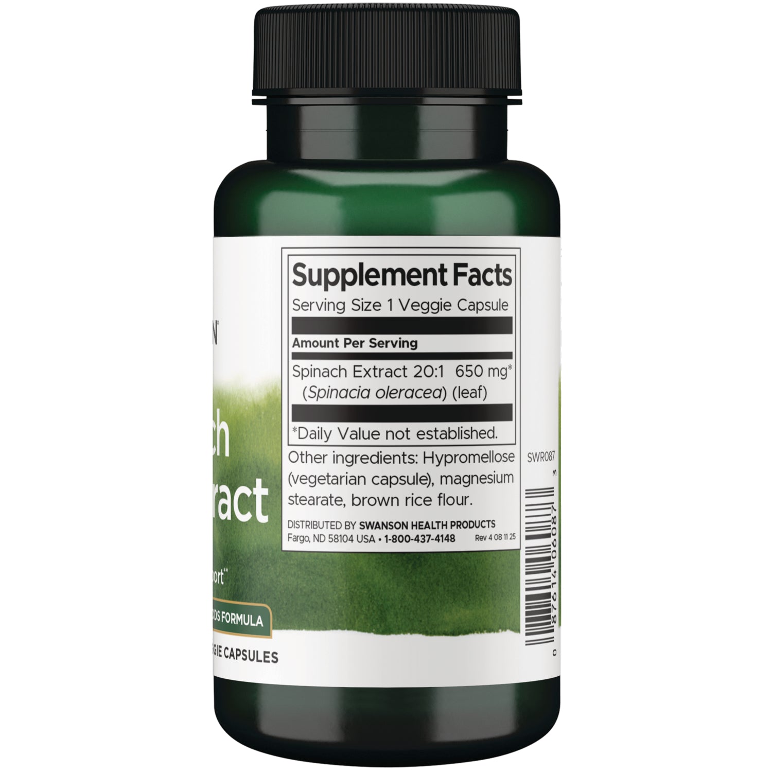 SWR087 | Back label showing Supplement Facts: Spinach Extract 20:1 650 mg, Serving Size 1 veggie capsule