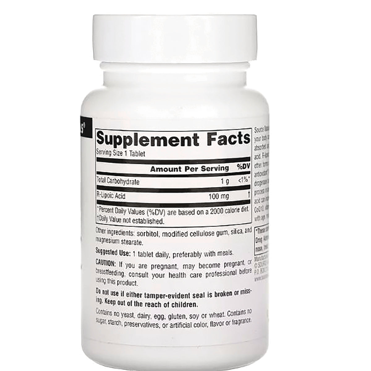 Supplement Facts label on back of white supplement bottle showing serving size, amounts, and ingredient list