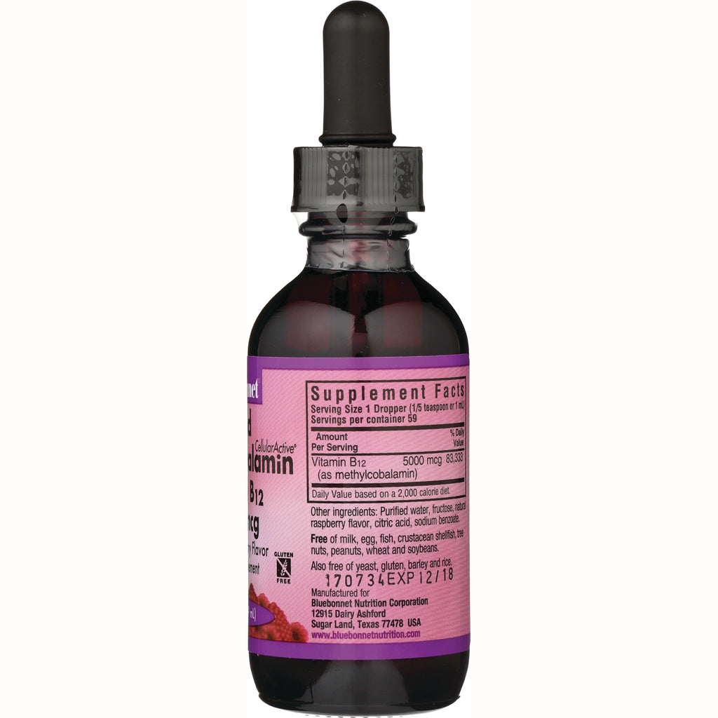 BLU095 | Back of dropper bottle showing pink supplement facts label for Vitamin B12 and ingredients - Thumbnail