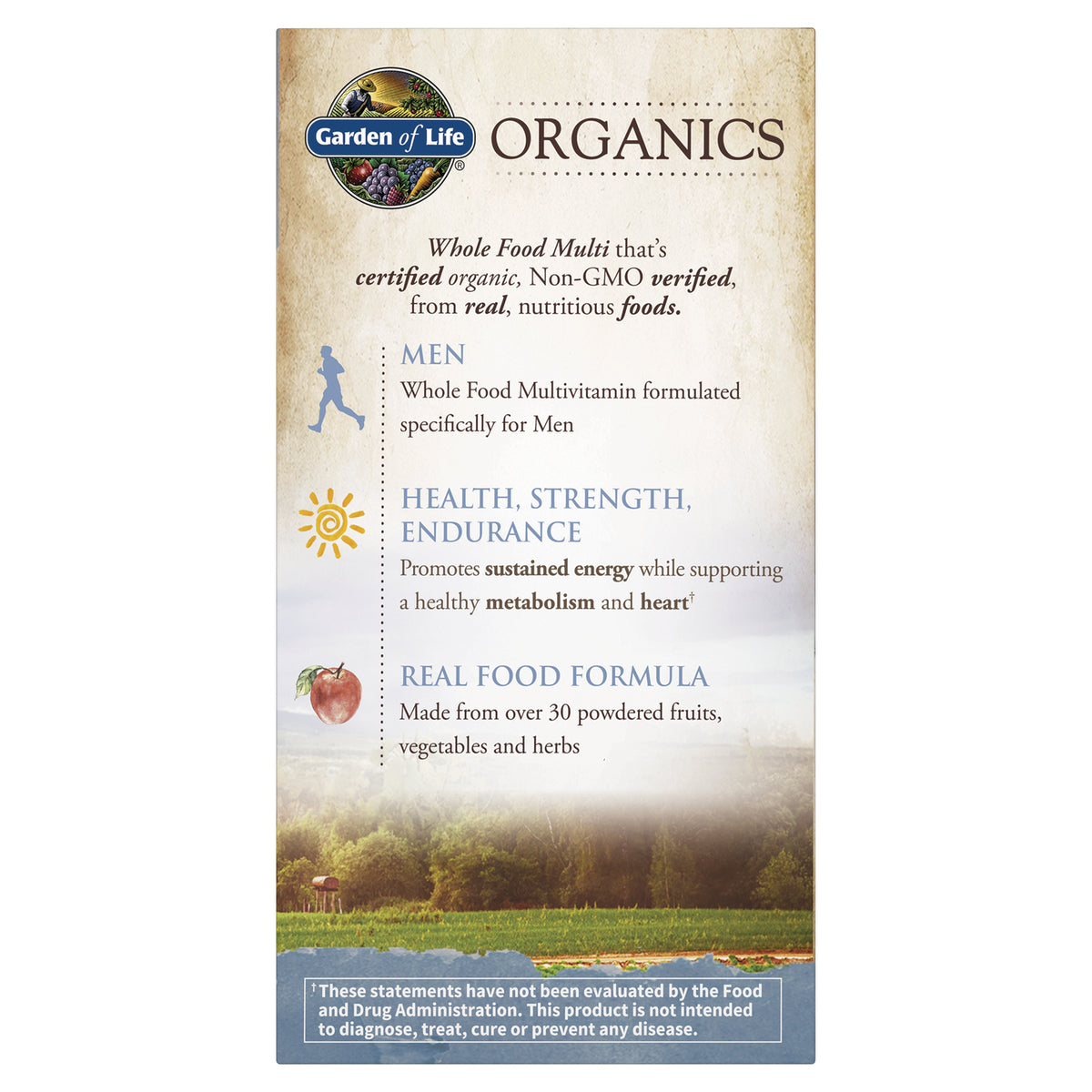 GLF181 | Garden of Life Organics product infographic for Men whole food multivitamin highlighting health, strength, endurance and real food formula