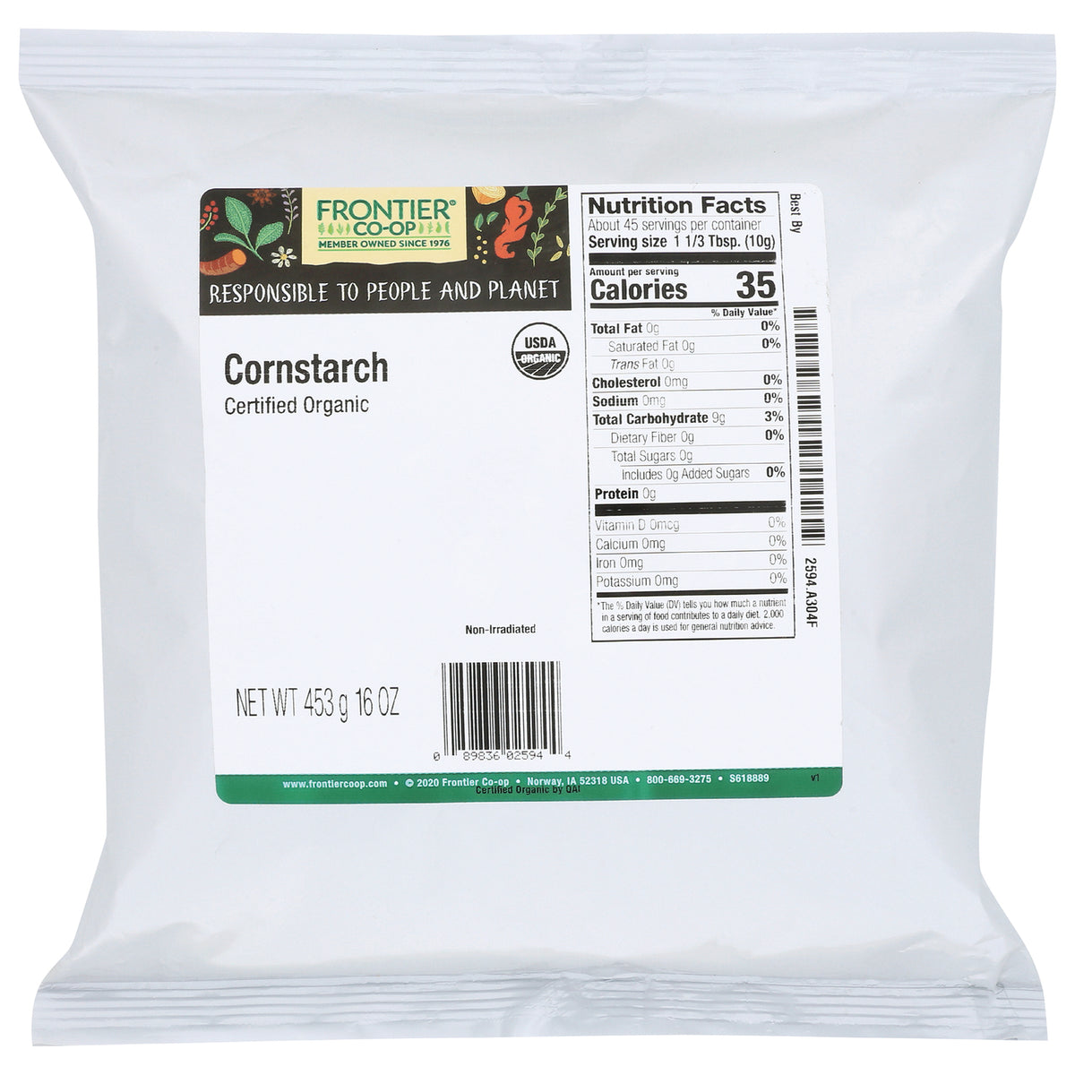 FNP180 | Back of Frontier Co-op cornstarch bag showing nutrition facts, Certified Organic label and NET WT 453 g 16 OZ