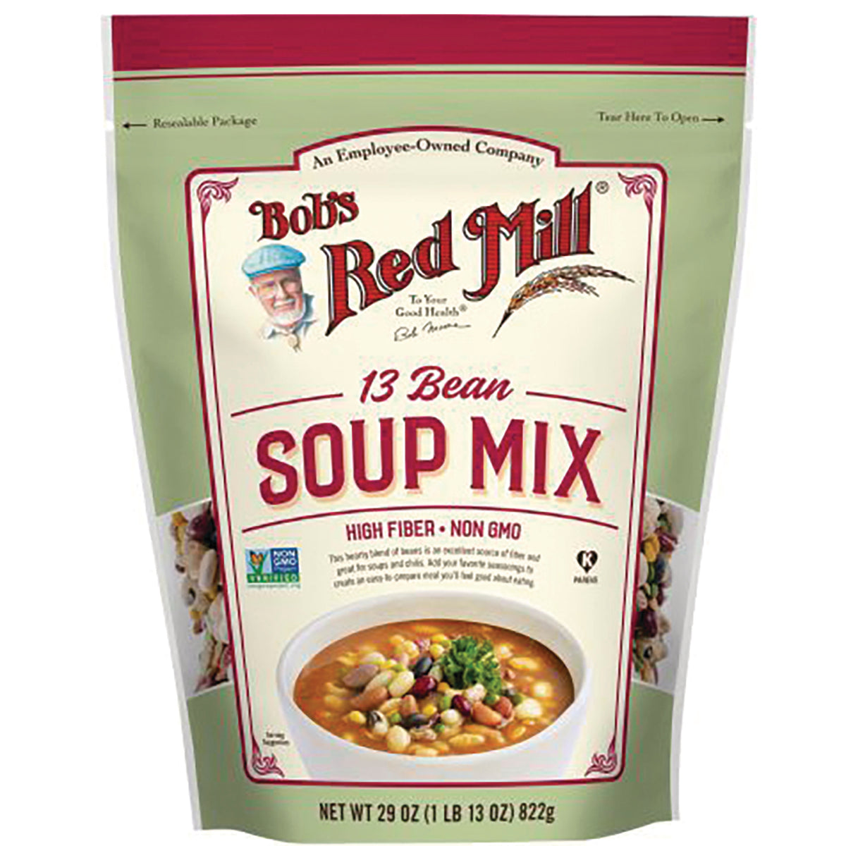 BOB426 | Bob's Red Mill 13 Bean Soup Mix front pouch with bowl of soup and branding
