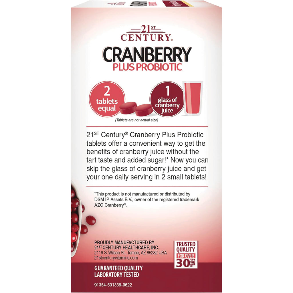 CNT271 | infographic showing Cranberry Plus Probiotic stating 2 tablets equal 1 glass of cranberry juice and product benefits - Thumbnail