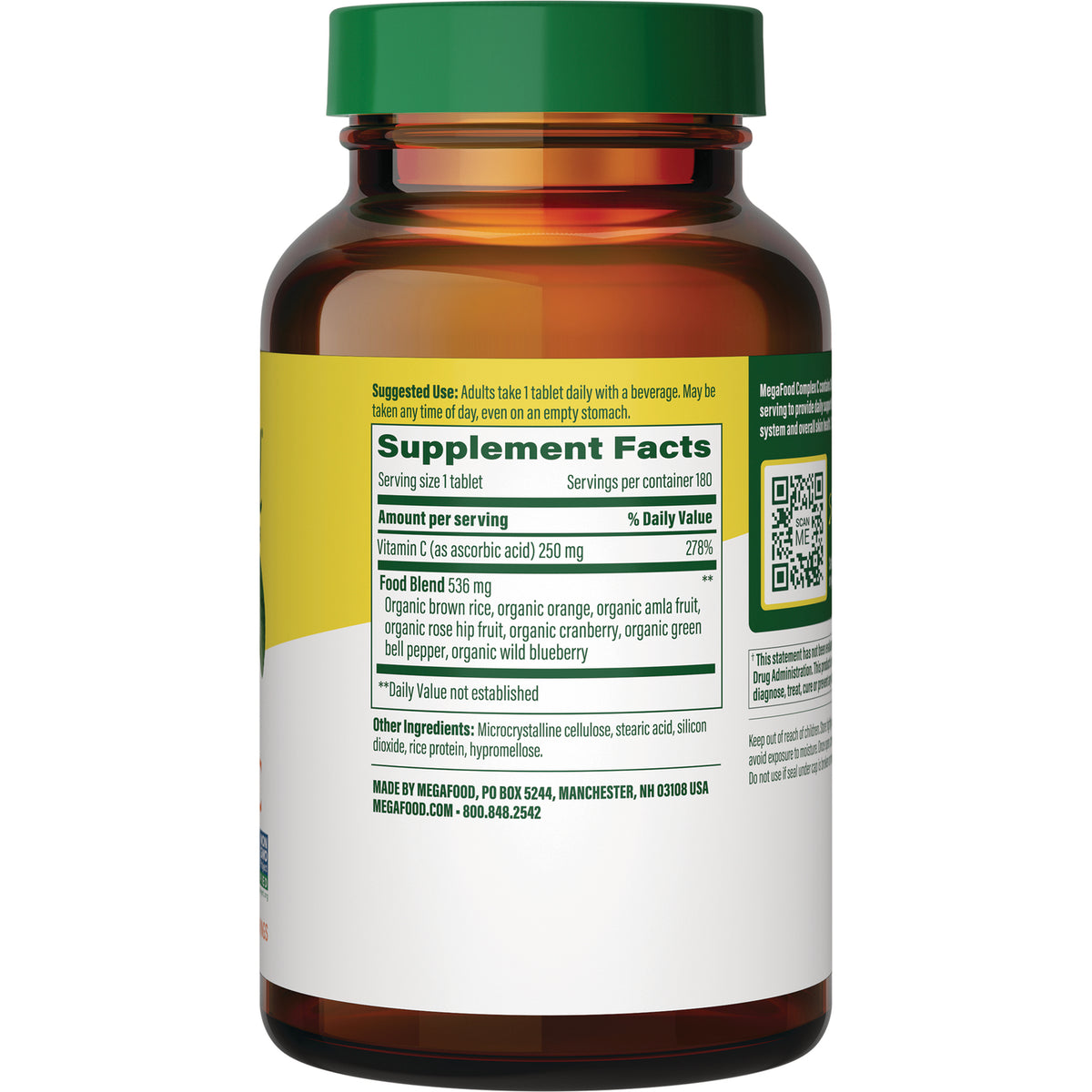 MGF009 | back label showing Supplement Facts, serving size, ingredients list and QR code on amber supplement bottle