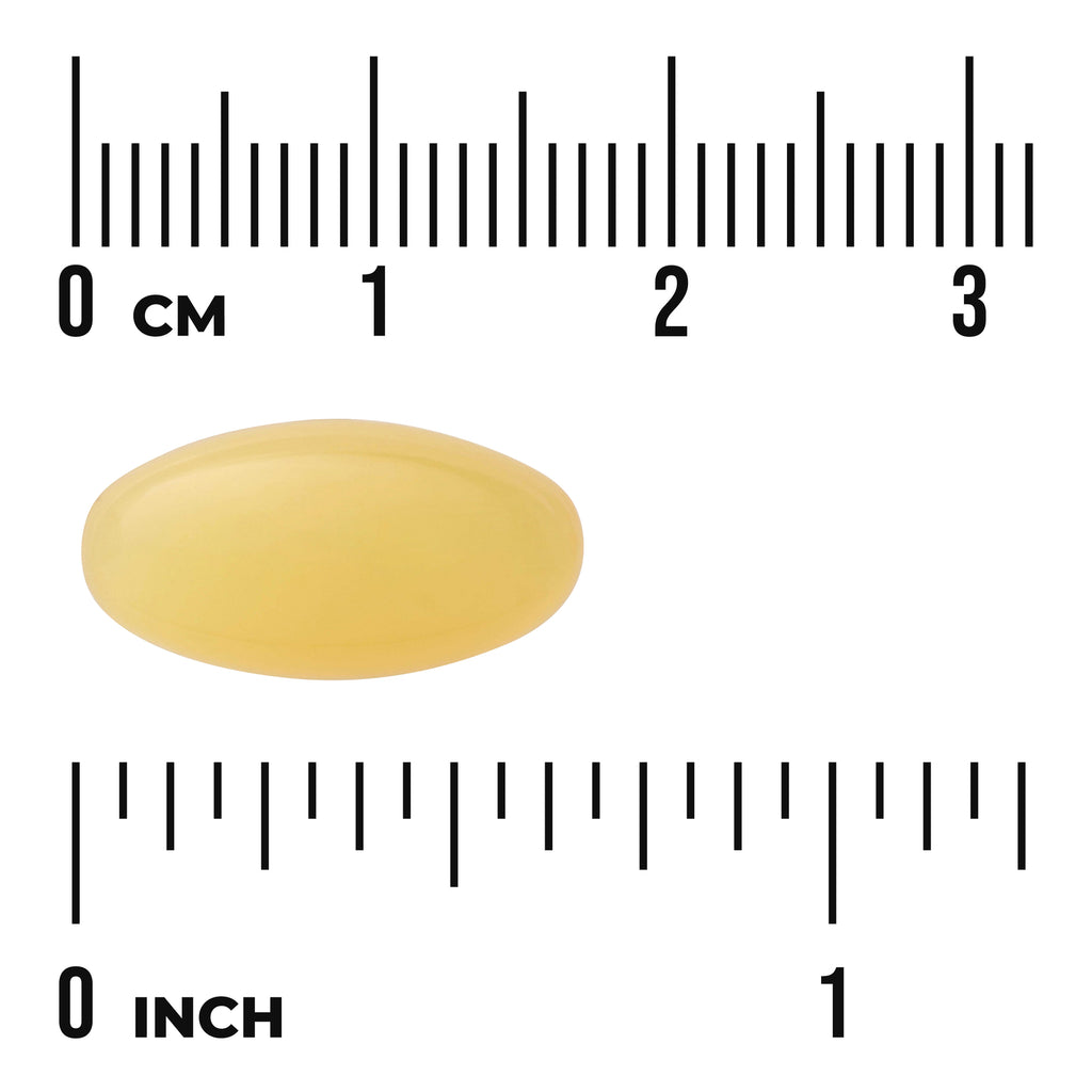 SWU503 | Yellow softgel capsule shown to scale with cm and inch rulers - Thumbnail