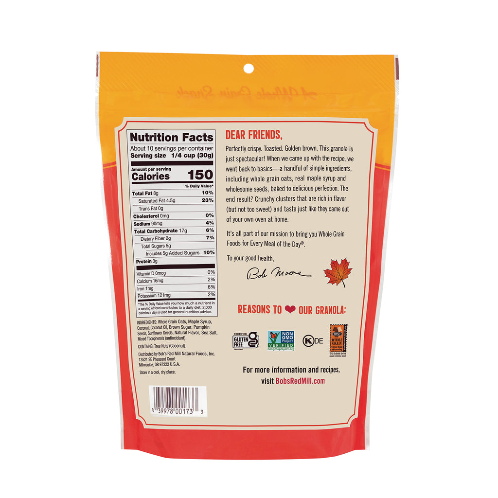 BOB473 | Back of granola pouch showing nutrition facts panel, ingredients, barcode, and brand message - Thumbnail