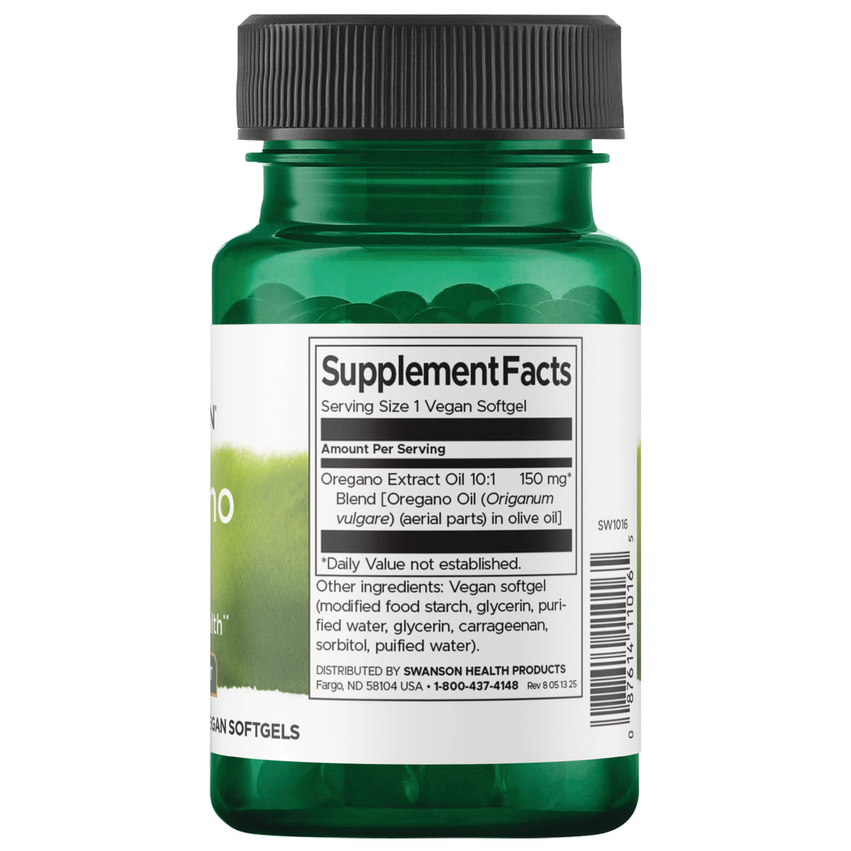 SW1016 | Supplement Facts for Oregano Oil softgel, 150 mg 10:1 blend