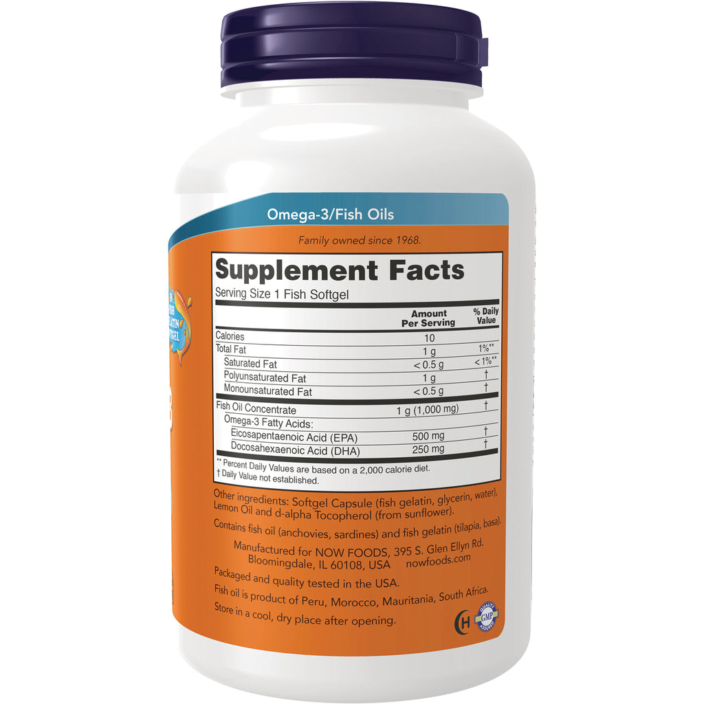 NWF1453 | Back of omega-3 fish oil bottle showing Supplement Facts panel and ingredients, serving size 1 fish softgel - Thumbnail