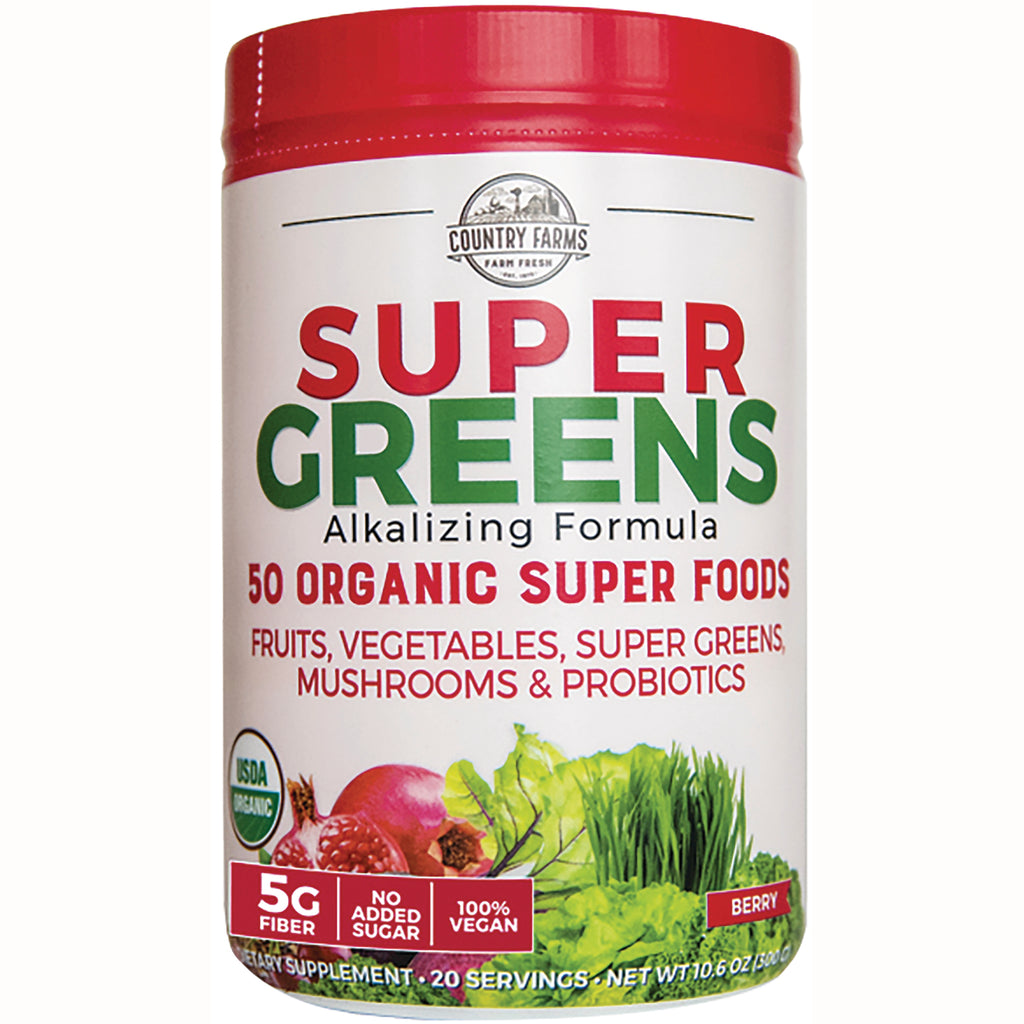 CFR009 | Country Farms Super Greens alkalizing formula front label showing 50 organic super foods, berry flavor - Thumbnail