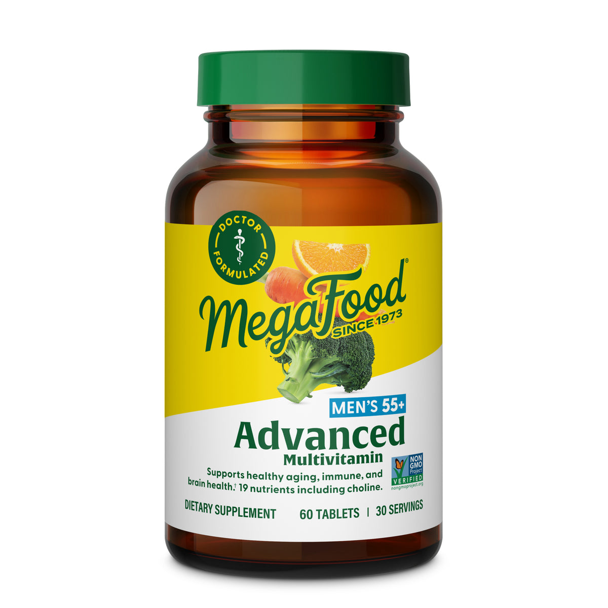 MGF034 | MegaFood Advanced Men's 55+ multivitamin amber bottle with green cap and yellow label showing broccoli and orange, 60 tablets