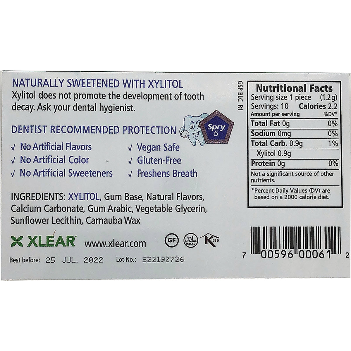 XL018 | Back of package with Nutrition Facts, ingredients, and claims: Naturally Sweetened with Xylitol; Gluten-Free; Vegan Safe