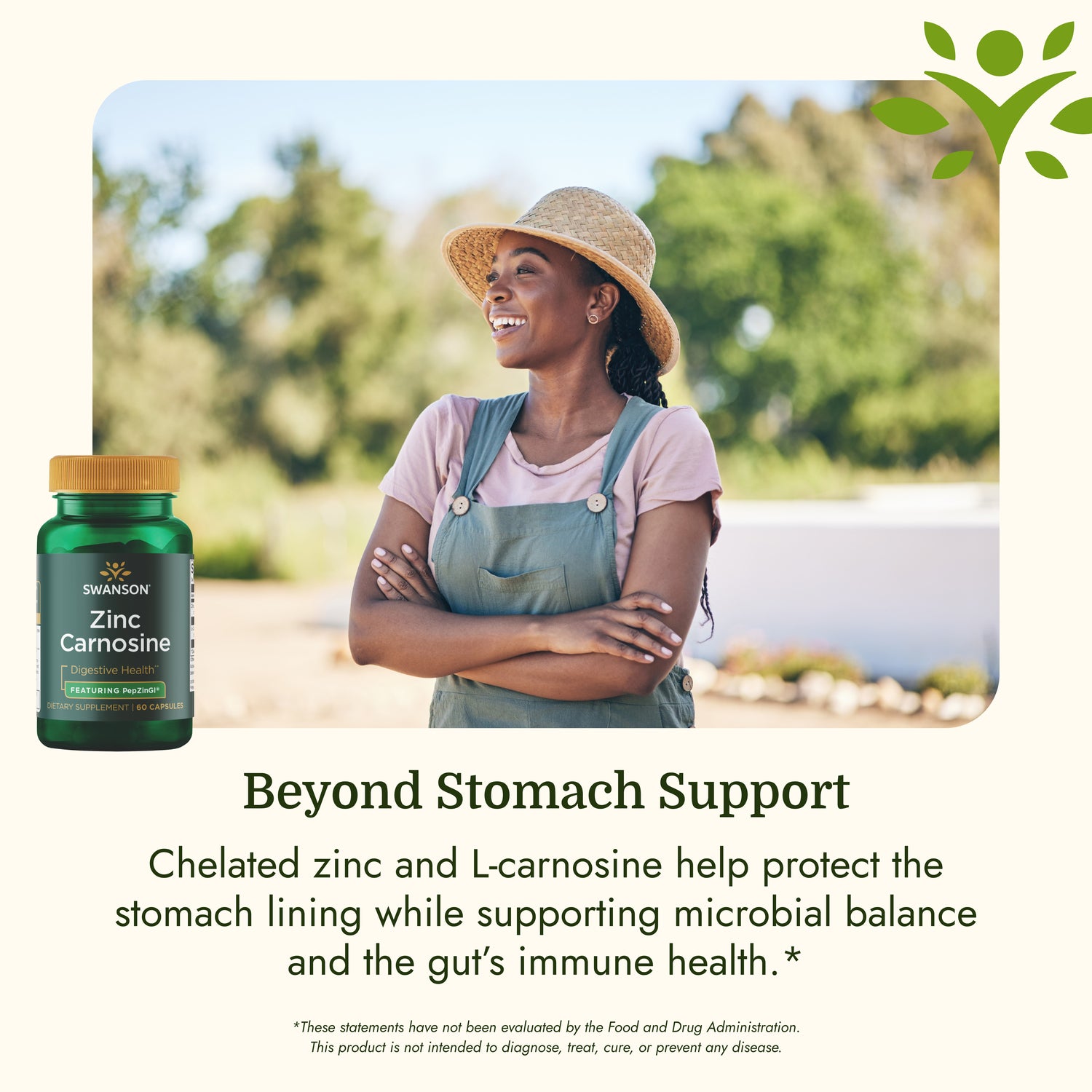 SWU281 | Woman smiling outdoors beside Swanson Zinc Carnosine supplement infographic