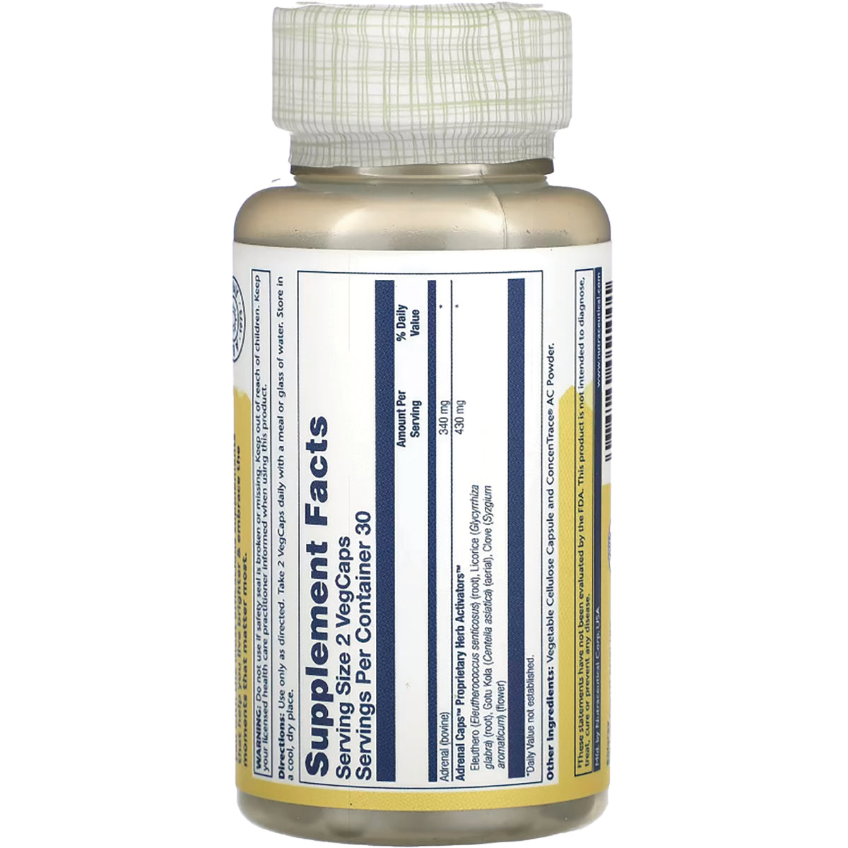 SLR189 | bottle back label showing Supplement Facts panel and dosing and ingredient columns