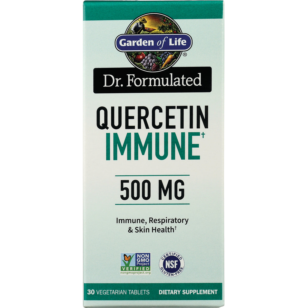 GLF360 | Garden of Life Dr. Formulated Quercetin Immune 500 MG box front showing label with Non GMO Project and NSF logos
