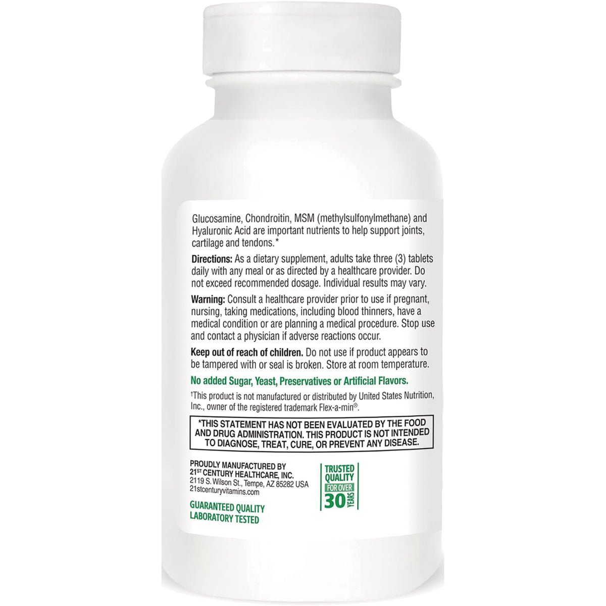 CNT225 | Back label of white supplement bottle showing directions, warnings, ingredients and no added sugar claim