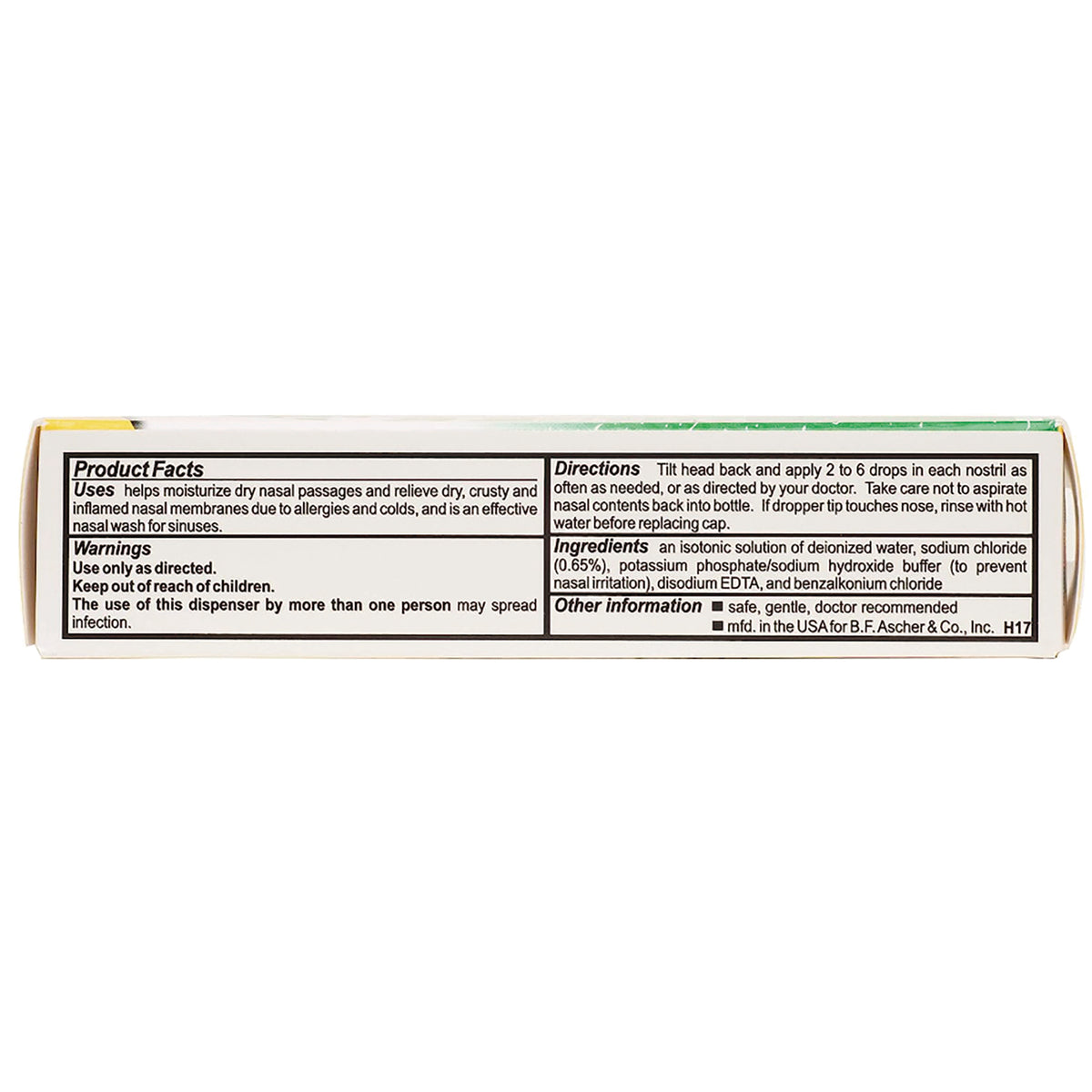 BFA003 | Back of product box showing Product Facts, Directions and Ingredients panel