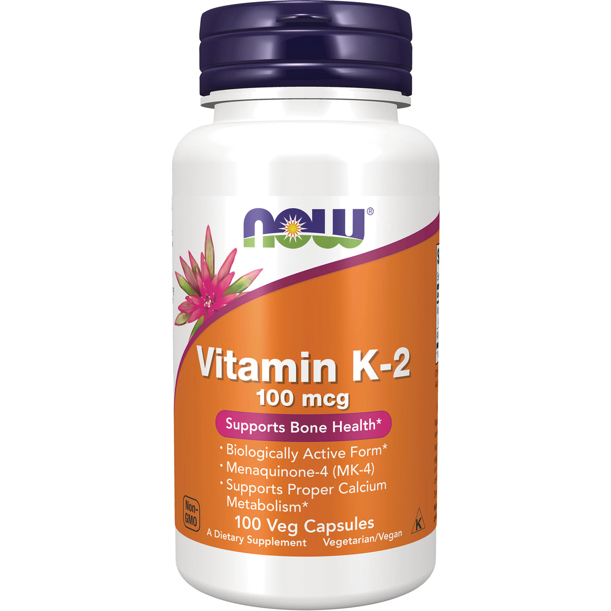 NWF366 | NOW Vitamin K-2 100 mcg supplement bottle with orange label, 100 veg capsules