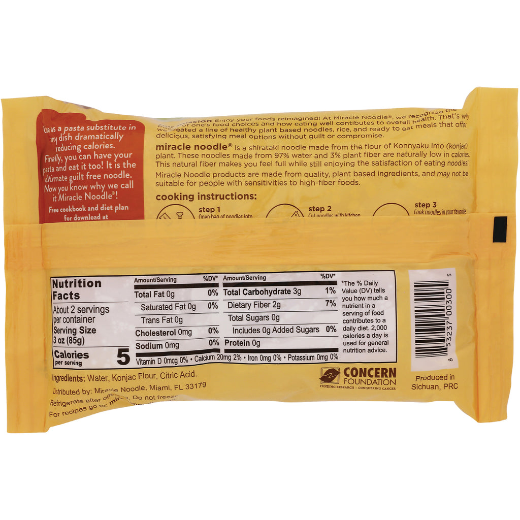 MIR001 | Back of yellow Miracle Noodle package showing Nutrition Facts panel, barcode, and ingredients - Thumbnail