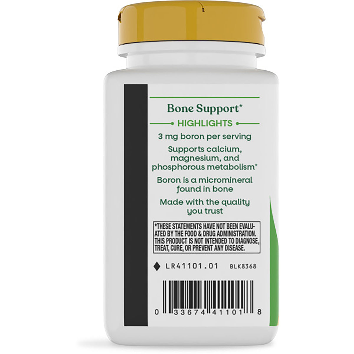 NW860 | Back of white supplement bottle with yellow cap showing warnings, gluten-free claim, contact info, and recycling and quality seals