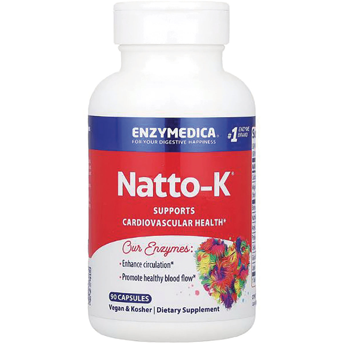 EMD018 | Bottle labeled Natto-K dietary supplement by Enzymedica supporting cardiovascular health, 90 capsules